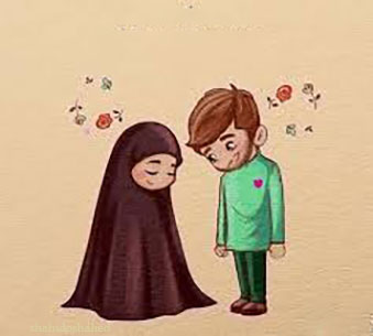 تصویر کارتونی دختر بچه با چادر با یک پسر بچه 